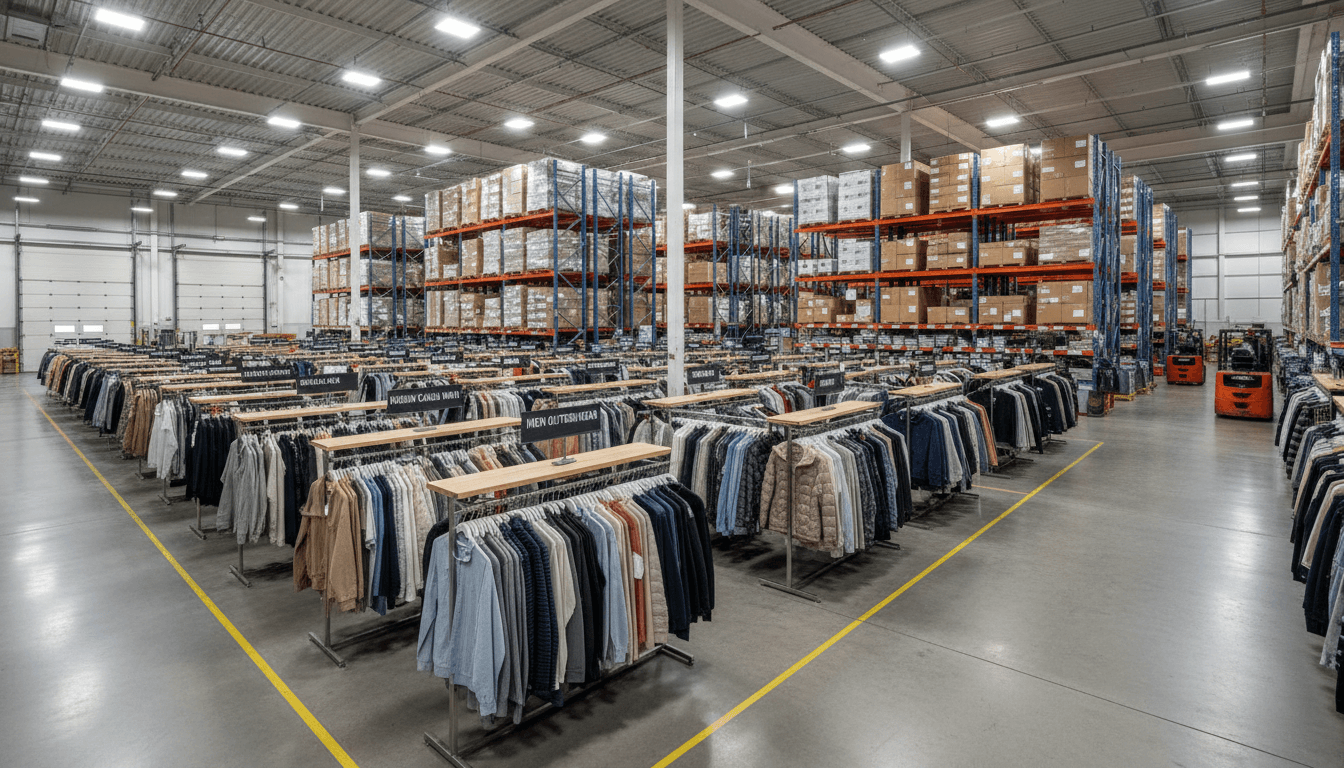 Organized wholesale clothing warehouse with rows of apparel inventory