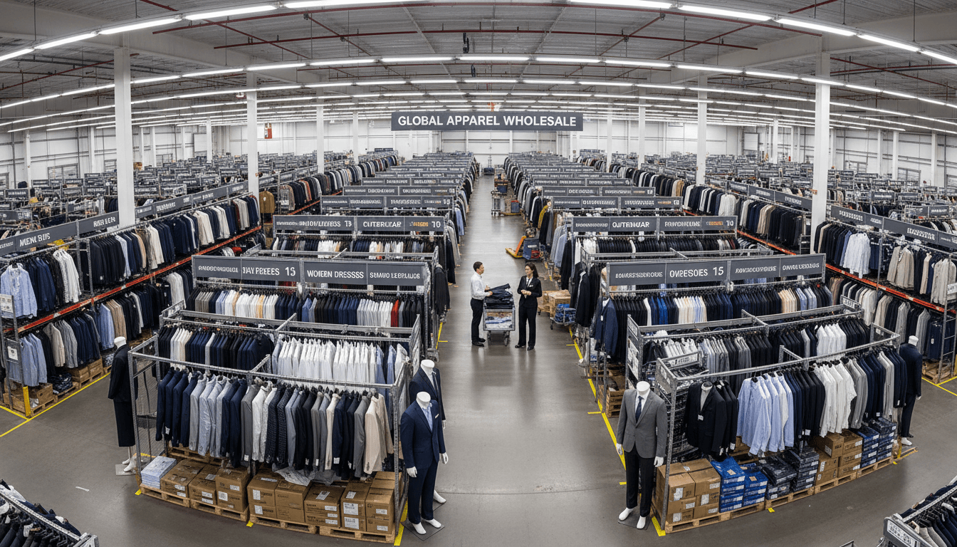 Organized clothing wholesale warehouse with neatly stocked apparel and professional inventory management