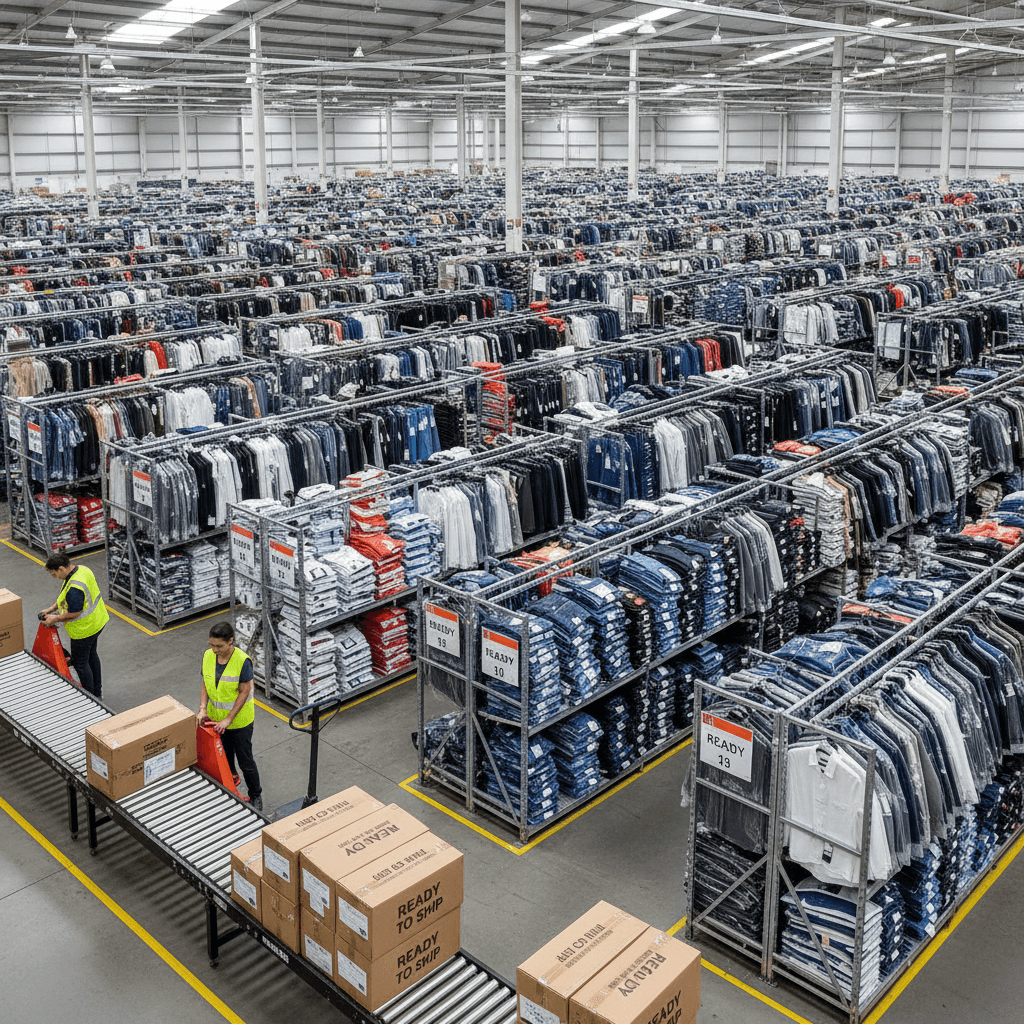 Organized warehouse inventory of bulk apparel ready for wholesale distribution