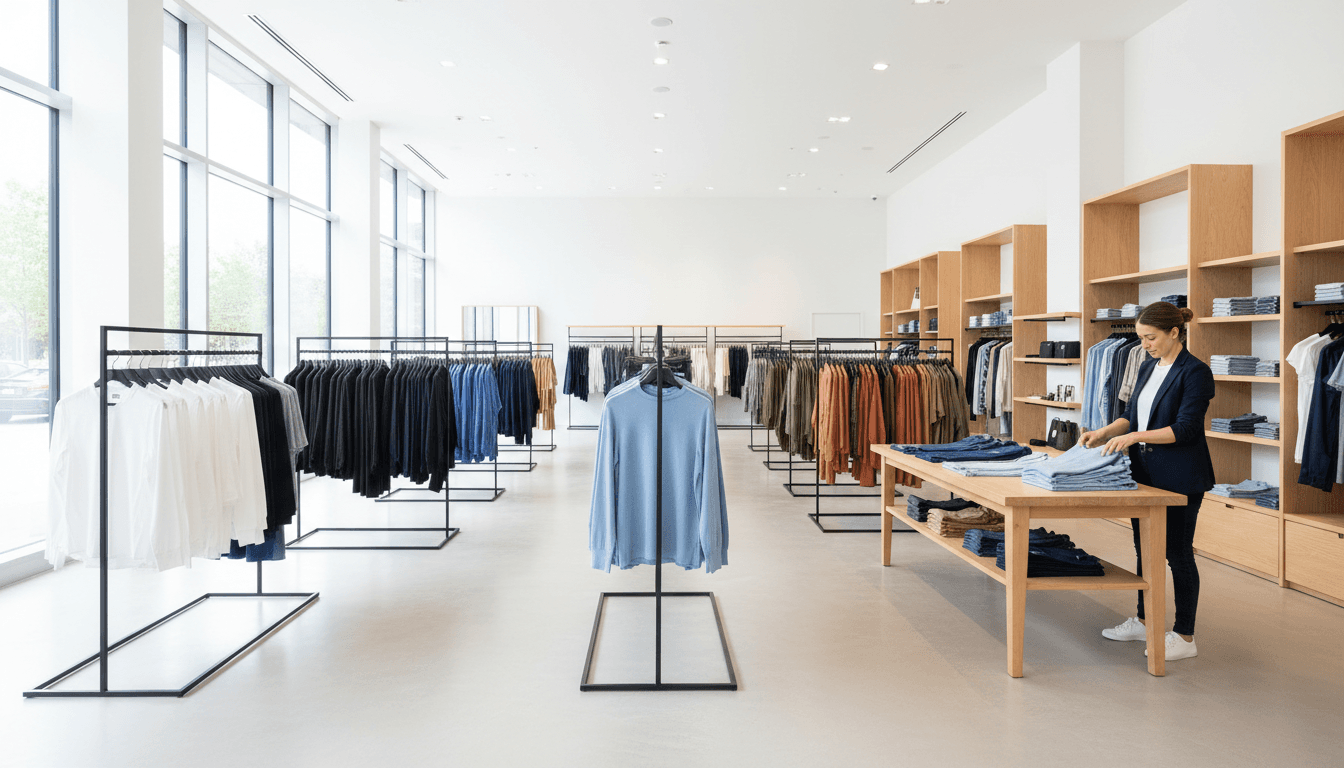 Organized wholesale clothing inventory displayed on retail racks